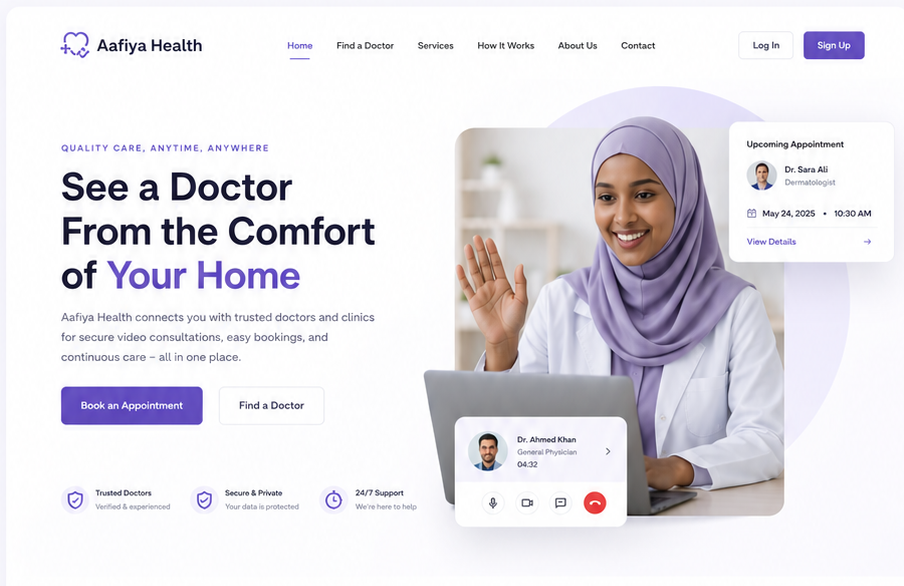 Aafiya Health website mockup
